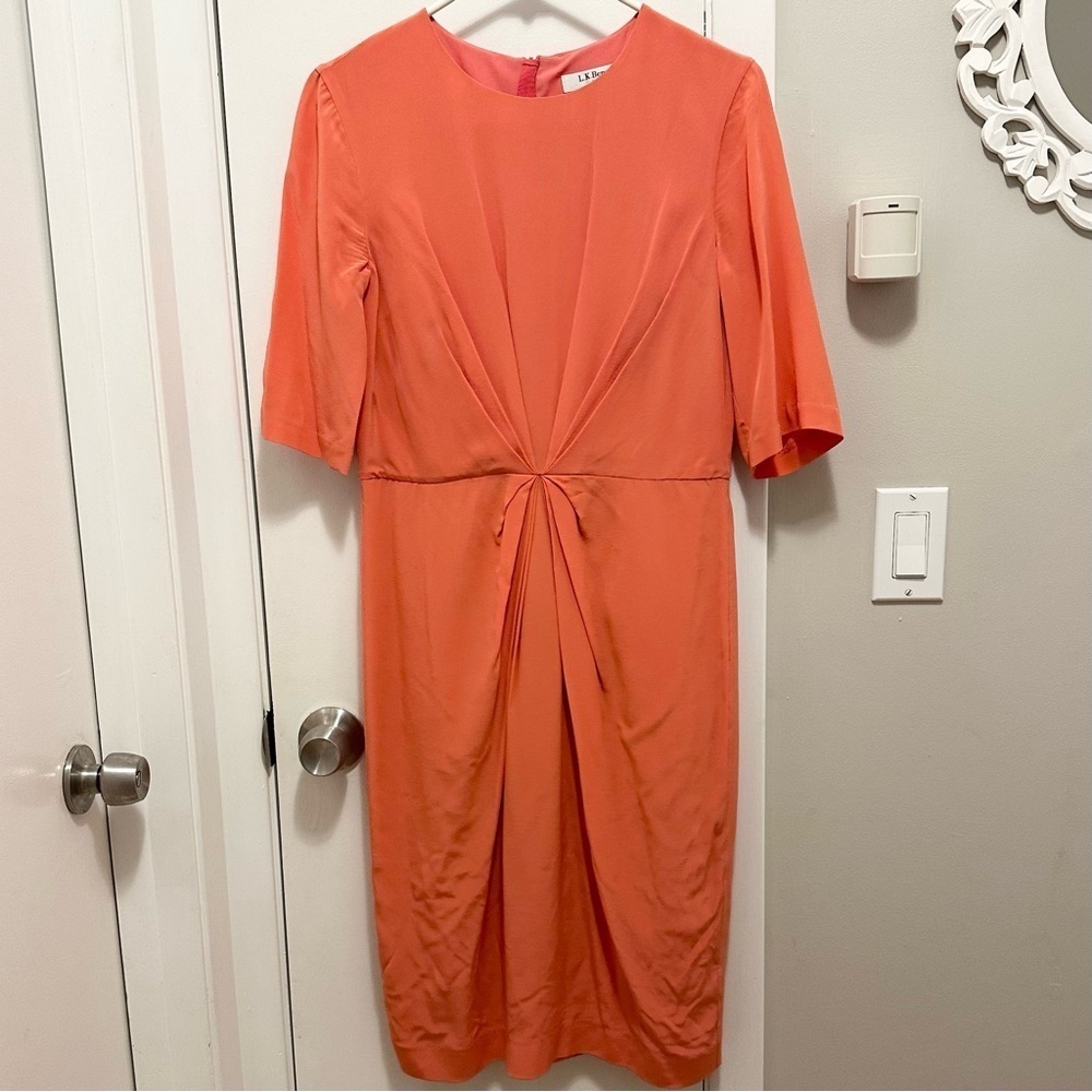 L.K. LK Bennett Dr Lisburn Silk Chiffon Twist Knot Front Sheath Dress 6 Coral